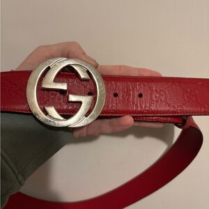 Gucci Embossed Red Belt with Silver Emblem